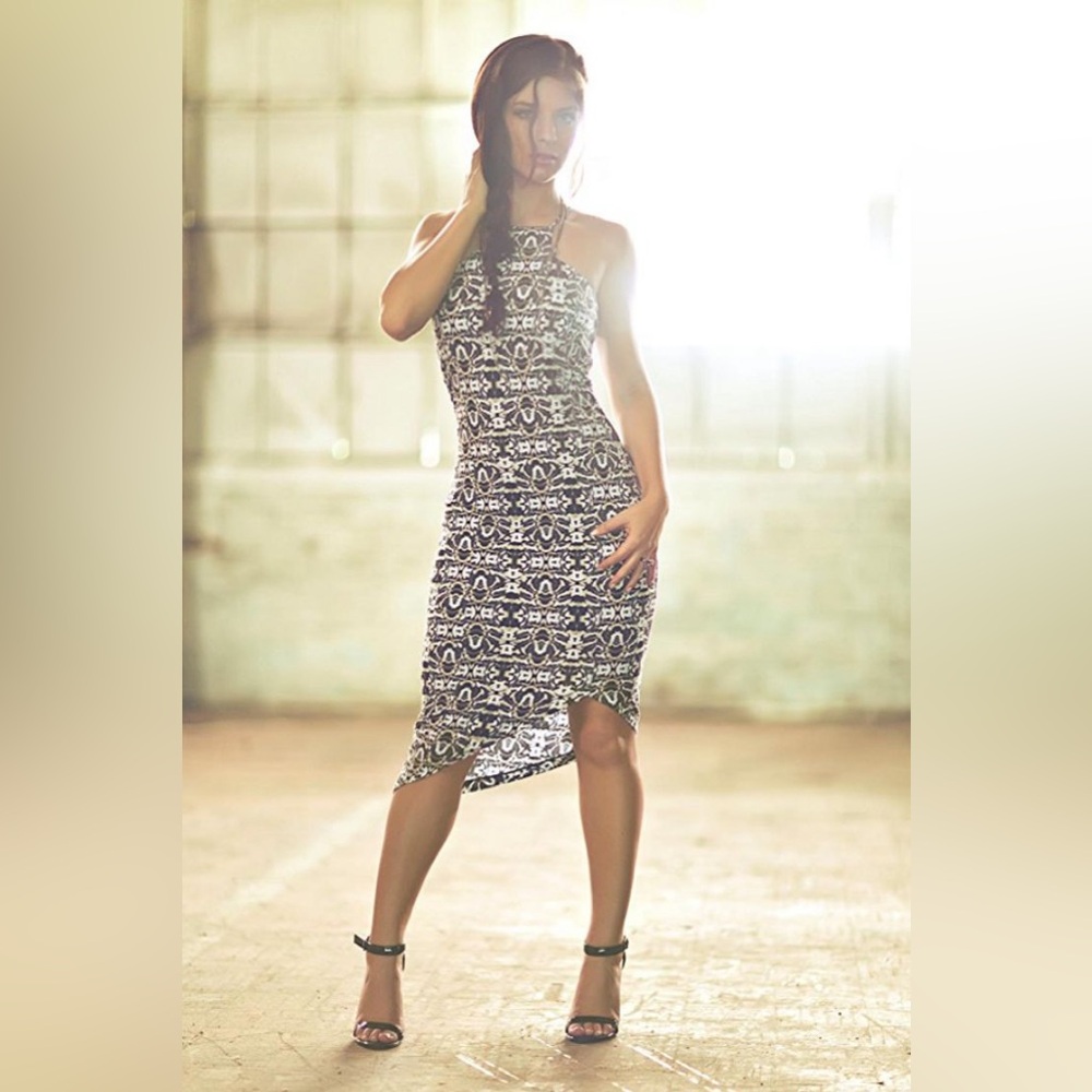 Express High Neck Asymmetrical Hem Midi Dress